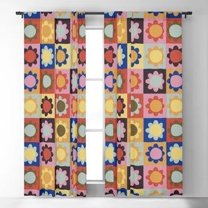 90s Retro Sun Flower Checker Blackout Curtain (set of 2)